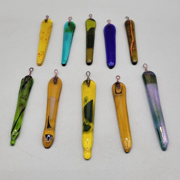 Handmade Fused Glass Icicle Ornaments Multicolor Iridescent Set of 10 - Picture 1 of 7